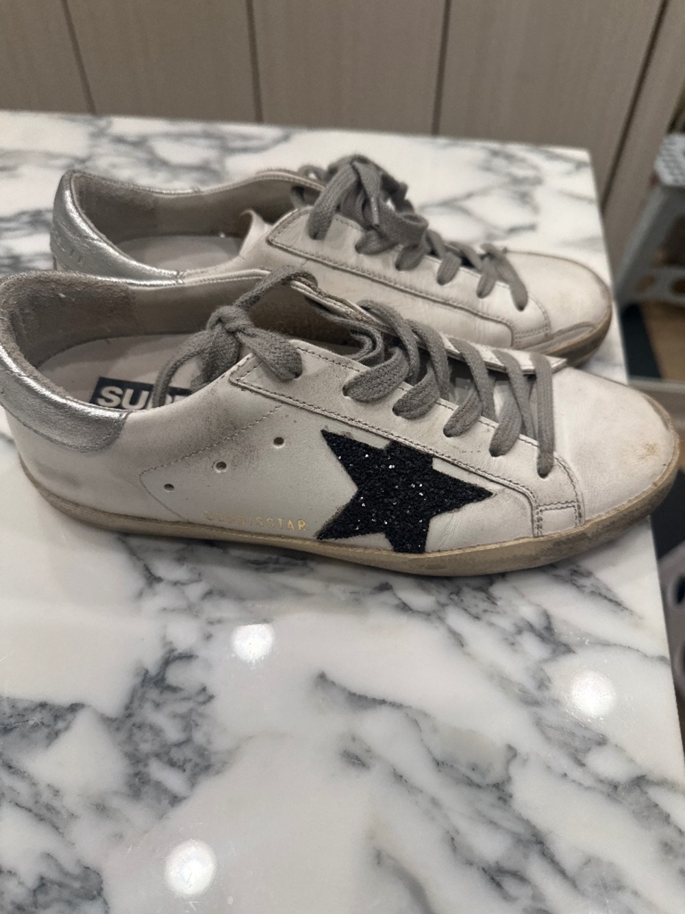 Golden Goose white size 6 sneakers with black glitter
